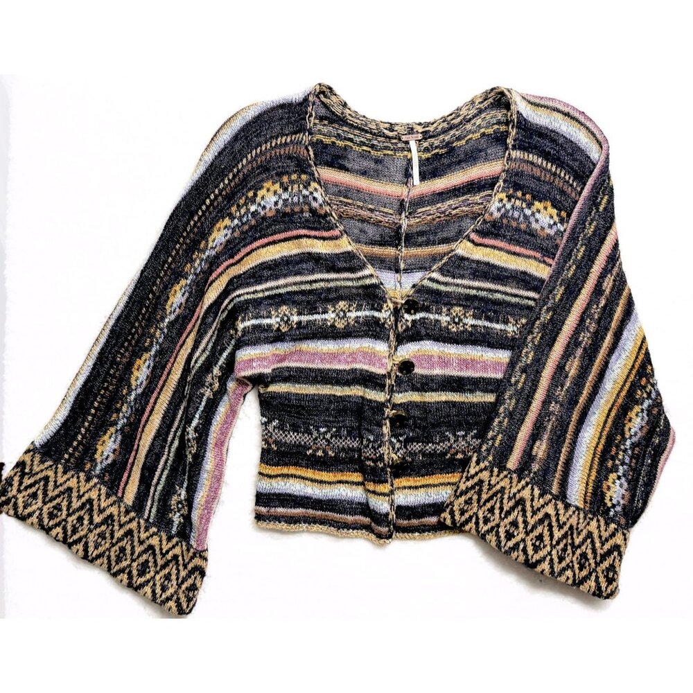 Free People Striped Boho Peplum Cardigan Jacket Grey S Cottagecore Whimsigoth